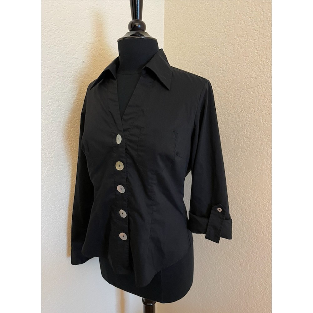 Studio V Black Button Up Fitted- Button Roll Sleeves -Sz M